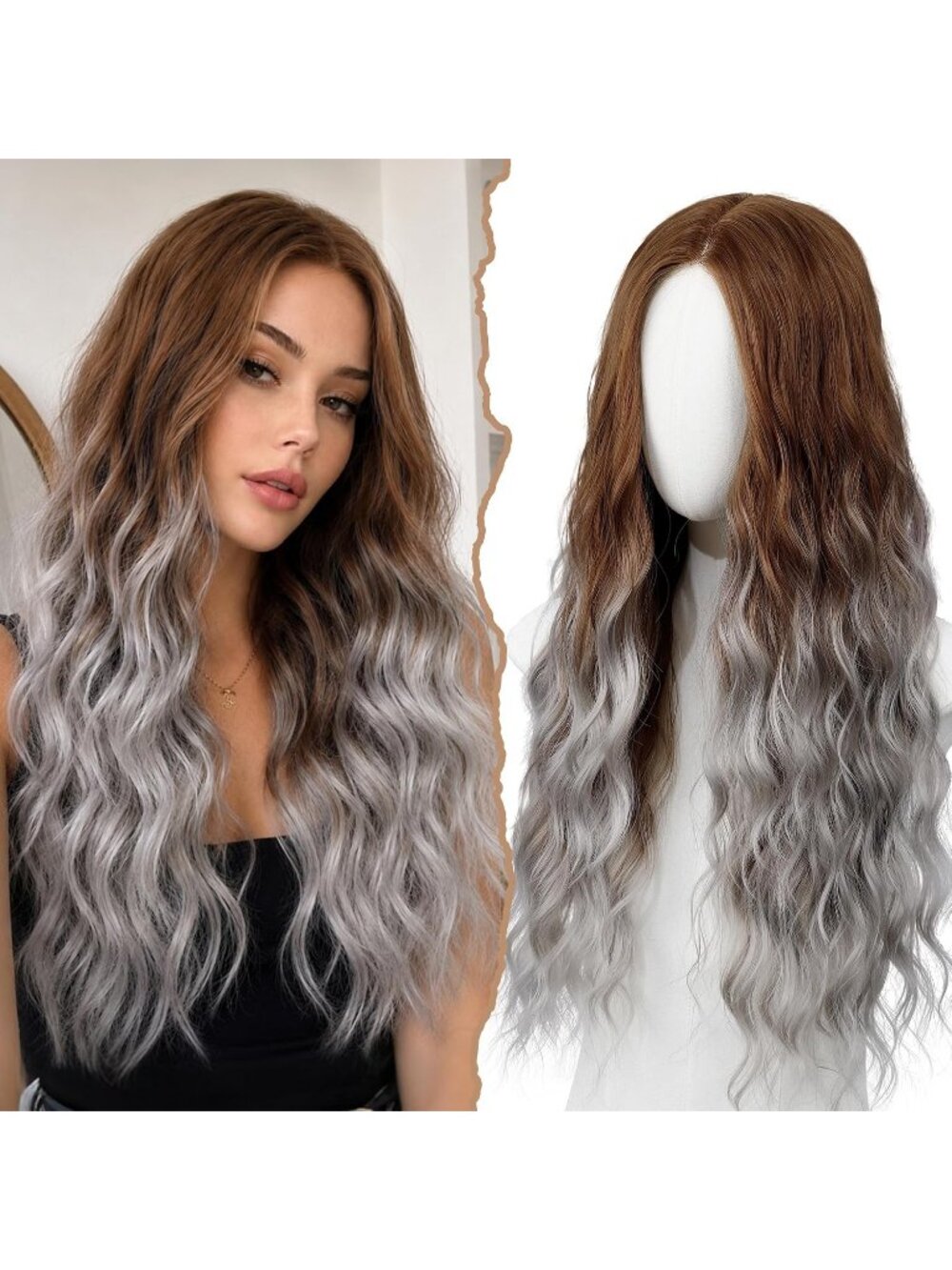 Women's Brown Omber Grey 26 Inch Long Synthetic Middle Part Lace Front Wavy Wig